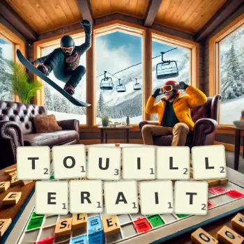 Illustration créative d'un jeu de lettres avec le mot TOUILLERAIT épelé sur le plateau.