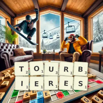 Illustration créative d'un jeu de lettres avec le mot TOURBIERES épelé sur le plateau.