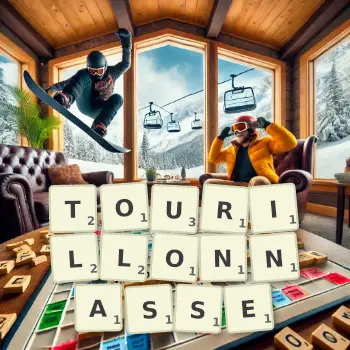 Illustration créative d'un jeu de lettres avec le mot TOURILLONNASSE épelé sur le plateau.