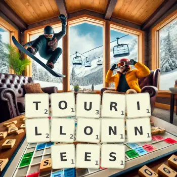 Illustration créative d'un jeu de lettres avec le mot TOURILLONNEES épelé sur le plateau.