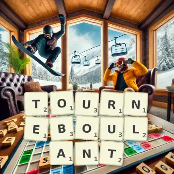 Illustration créative d'un jeu de lettres avec le mot TOURNEBOULANT épelé sur le plateau.