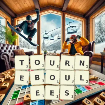 Illustration créative d'un jeu de lettres avec le mot TOURNEBOULEES épelé sur le plateau.