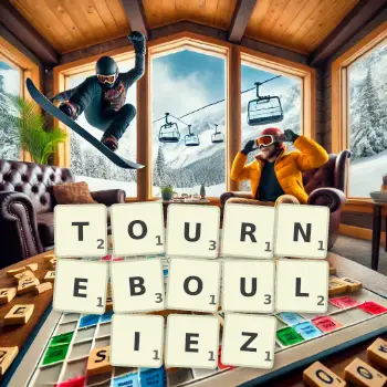 Illustration créative d'un jeu de lettres avec le mot TOURNEBOULIEZ épelé sur le plateau.