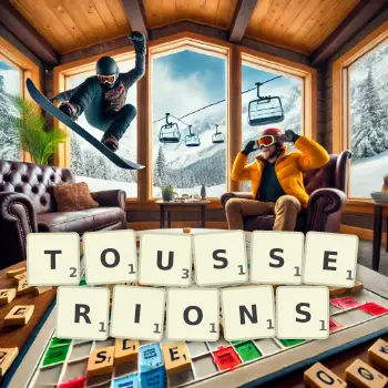 Illustration créative d'un jeu de lettres avec le mot TOUSSERIONS épelé sur le plateau.
