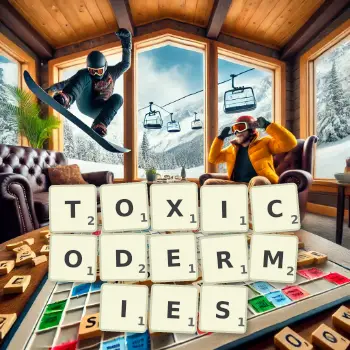 Illustration créative d'un jeu de lettres avec le mot TOXICODERMIES épelé sur le plateau.
