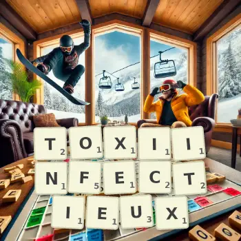 Illustration créative d'un jeu de lettres avec le mot TOXIINFECTIEUX épelé sur le plateau.