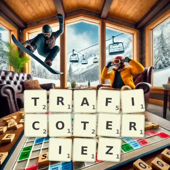 Illustration créative d'un jeu de lettres avec le mot TRAFICOTERIEZ épelé sur le plateau.