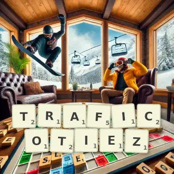 Illustration créative d'un jeu de lettres avec le mot TRAFICOTIEZ épelé sur le plateau.