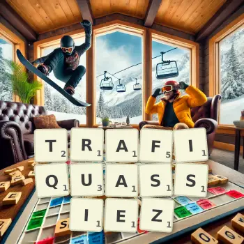 Illustration créative d'un jeu de lettres avec le mot TRAFIQUASSIEZ épelé sur le plateau.