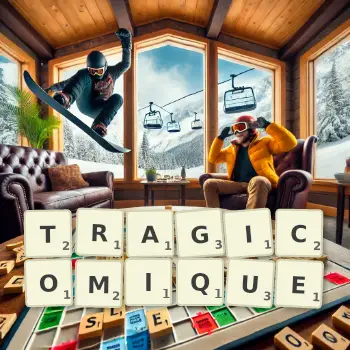 Illustration créative d'un jeu de lettres avec le mot TRAGICOMIQUE épelé sur le plateau.