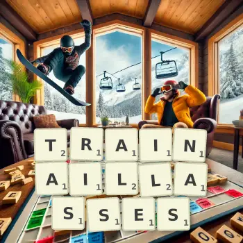 Illustration créative d'un jeu de lettres avec le mot TRAINAILLASSES épelé sur le plateau.