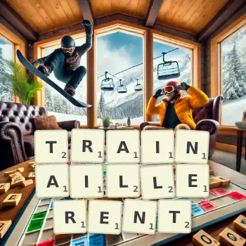 Illustration créative d'un jeu de lettres avec le mot TRAINAILLERENT épelé sur le plateau.