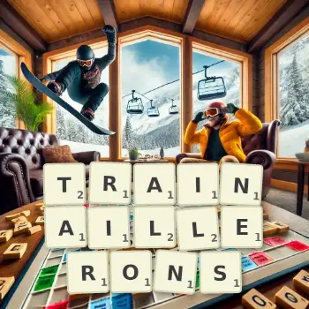 Illustration créative d'un jeu de lettres avec le mot TRAINAILLERONS épelé sur le plateau.