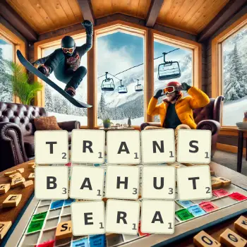 Illustration créative d'un jeu de lettres avec le mot TRANSBAHUTERA épelé sur le plateau.