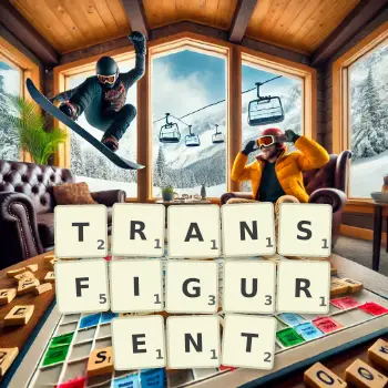 Illustration créative d'un jeu de lettres avec le mot TRANSFIGURENT épelé sur le plateau.
