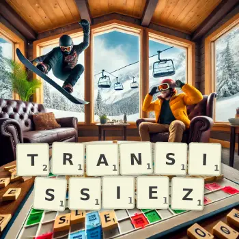 Illustration créative d'un jeu de lettres avec le mot TRANSISSIEZ épelé sur le plateau.
