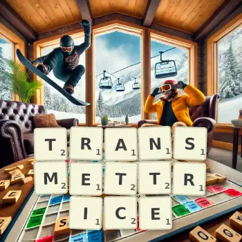 Illustration créative d'un jeu de lettres avec le mot TRANSMETTRICE épelé sur le plateau.