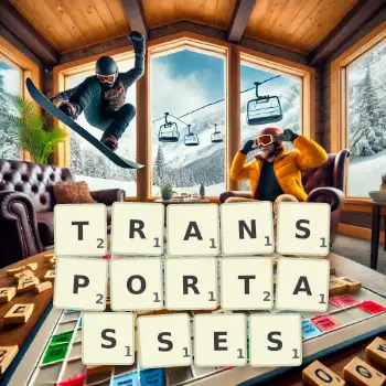 Illustration créative d'un jeu de lettres avec le mot TRANSPORTASSES épelé sur le plateau.