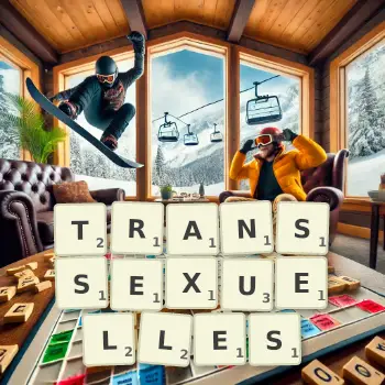 Illustration créative d'un jeu de lettres avec le mot TRANSSEXUELLES épelé sur le plateau.