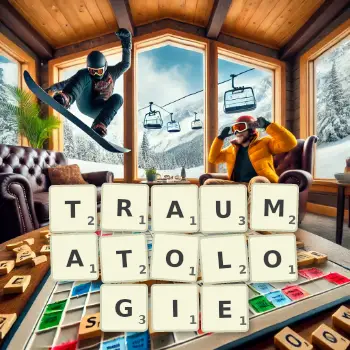 Illustration créative d'un jeu de lettres avec le mot TRAUMATOLOGIE épelé sur le plateau.