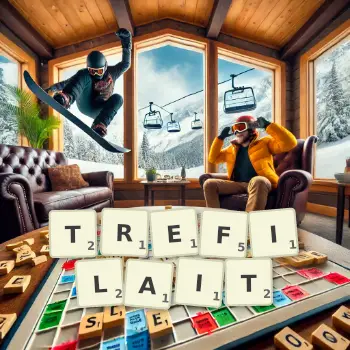 Illustration créative d'un jeu de lettres avec le mot TREFILAIT épelé sur le plateau.