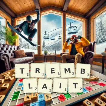 Illustration créative d'un jeu de lettres avec le mot TREMBLAIT épelé sur le plateau.