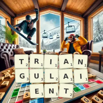Illustration créative d'un jeu de lettres avec le mot TRIANGULAIENT épelé sur le plateau.