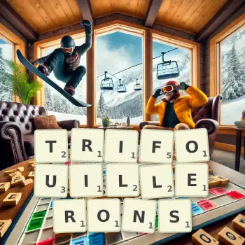 Illustration créative d'un jeu de lettres avec le mot TRIFOUILLERONS épelé sur le plateau.