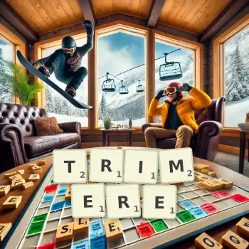 Illustration créative d'un jeu de lettres avec le mot TRIMERE épelé sur le plateau.
