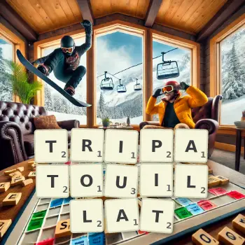 Illustration créative d'un jeu de lettres avec le mot TRIPATOUILLAT épelé sur le plateau.