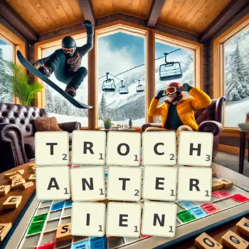 Illustration créative d'un jeu de lettres avec le mot TROCHANTERIEN épelé sur le plateau.