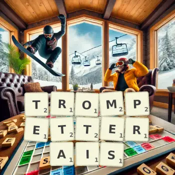 Illustration créative d'un jeu de lettres avec le mot TROMPETTERAIS épelé sur le plateau.