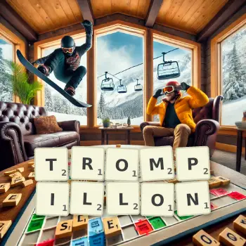 Illustration créative d'un jeu de lettres avec le mot TROMPILLON épelé sur le plateau.