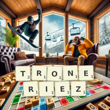 Illustration créative d'un jeu de lettres avec le mot TRONERIEZ épelé sur le plateau.