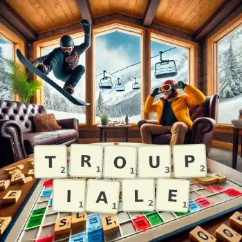Illustration créative d'un jeu de lettres avec le mot TROUPIALE épelé sur le plateau.