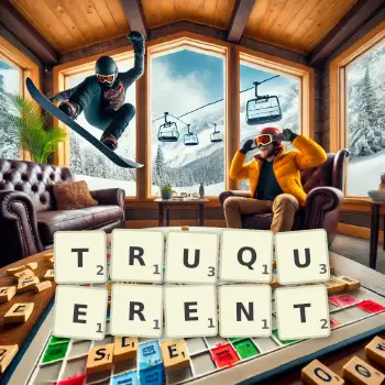 Illustration créative d'un jeu de lettres avec le mot TRUQUERENT épelé sur le plateau.