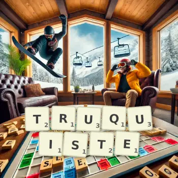 Illustration créative d'un jeu de lettres avec le mot TRUQUISTE épelé sur le plateau.
