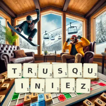 Illustration créative d'un jeu de lettres avec le mot TRUSQUINIEZ épelé sur le plateau.