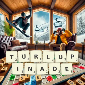 Illustration créative d'un jeu de lettres avec le mot TURLUPINADE épelé sur le plateau.