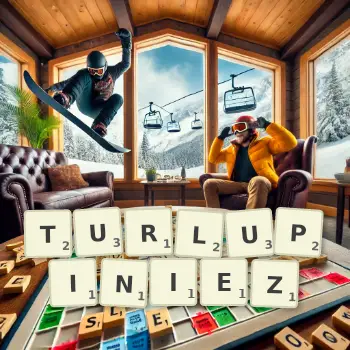 Illustration créative d'un jeu de lettres avec le mot TURLUPINIEZ épelé sur le plateau.