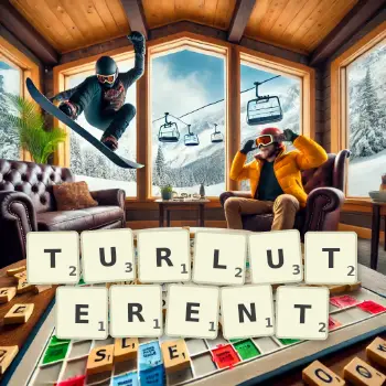 Illustration créative d'un jeu de lettres avec le mot TURLUTERENT épelé sur le plateau.