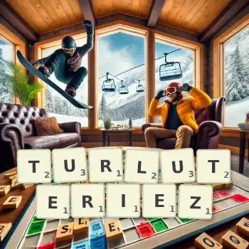 Illustration créative d'un jeu de lettres avec le mot TURLUTERIEZ épelé sur le plateau.