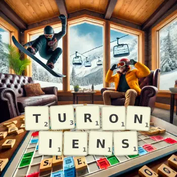 Illustration créative d'un jeu de lettres avec le mot TURONIENS épelé sur le plateau.