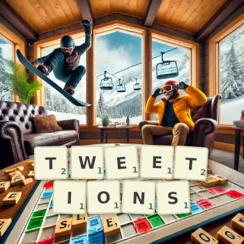 Illustration créative d'un jeu de lettres avec le mot TWEETIONS épelé sur le plateau.