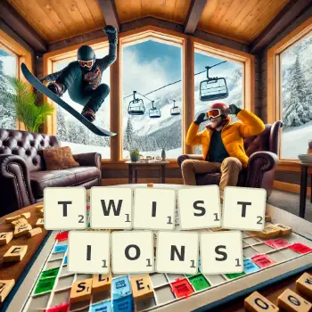 Illustration créative d'un jeu de lettres avec le mot TWISTIONS épelé sur le plateau.