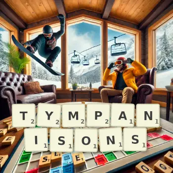 Illustration créative d'un jeu de lettres avec le mot TYMPANISONS épelé sur le plateau.