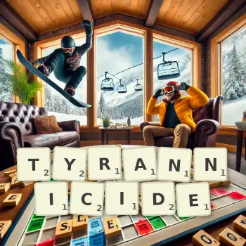 Illustration créative d'un jeu de lettres avec le mot TYRANNICIDE épelé sur le plateau.