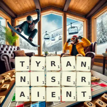 Illustration créative d'un jeu de lettres avec le mot TYRANNISERAIENT épelé sur le plateau.