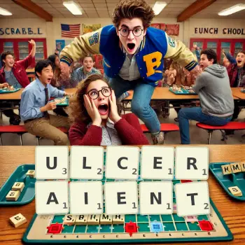 Illustration créative d'un jeu de lettres avec le mot ULCERAIENT épelé sur le plateau.