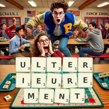 Illustration créative d'un jeu de lettres avec le mot ULTERIEUREMENT épelé sur le plateau.